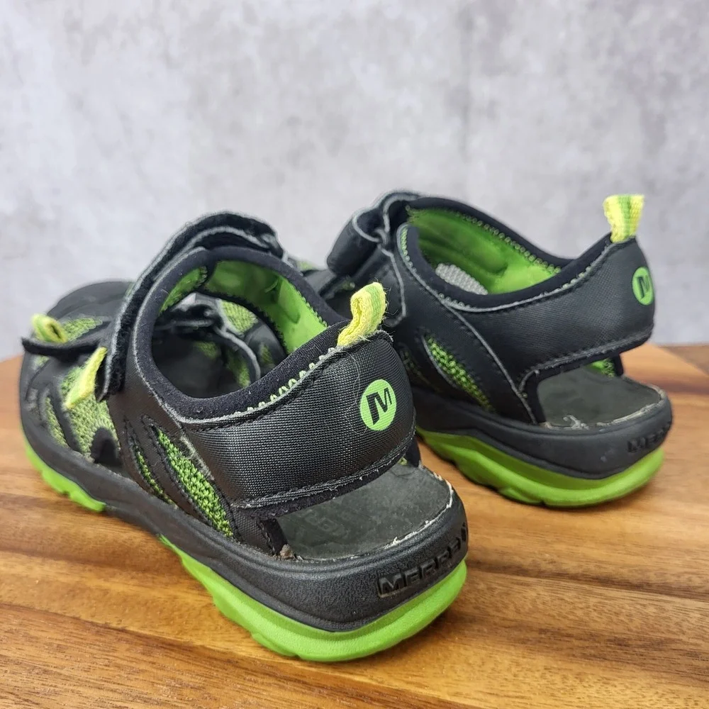 Merell Hydro Rapid Shoes Boys 4 M Black Green Leather Water Hiking Sport Sandals